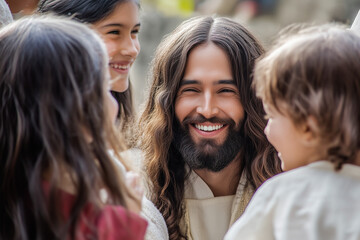 Fototapeta premium Jesus Christ Talking to Children – A Heartwarming Religious Scene Depicting Compassion, Teaching, and the Gentle Wisdom of Christ Engaging with Youth