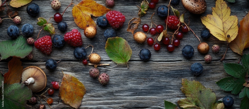 Poster colorful autumn berries and leaves arranged on a rustic wooden table with copy space for text insert