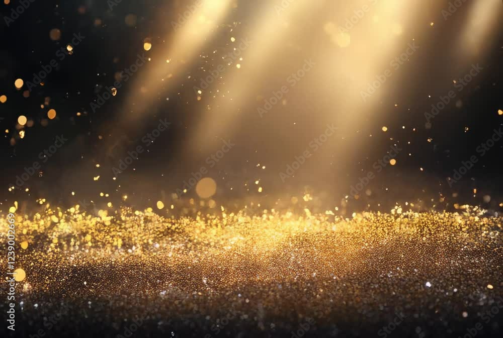 Sticker shimmering gold dust particles glowing with light in dark background - perfect for backgrounds, text