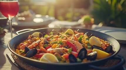 Delicious seafood paella with fresh ingredients and vibrant colors