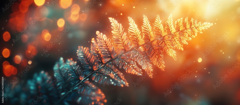 Poster macro shot of shimmering fern leaves with bokeh effect in warm and cool color tones against a blurre