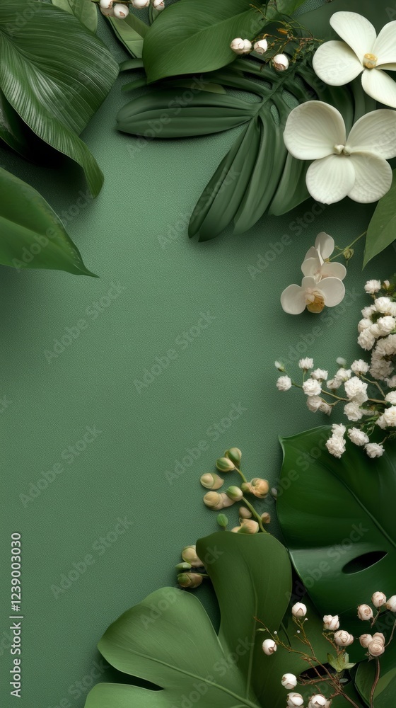 Poster digital background for designers featuring a lush green layout with assorted leaves and delicate flo