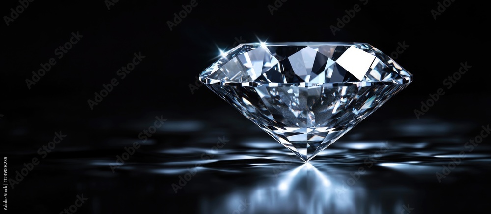 Poster realistic close-up of a sparkling diamond on a black background with reflections and highlights copy