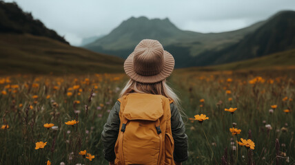 young girl with yellow backpack and hat stands in flower filled field, gazing at mountains in distance, evoking sense of adventure and exploration