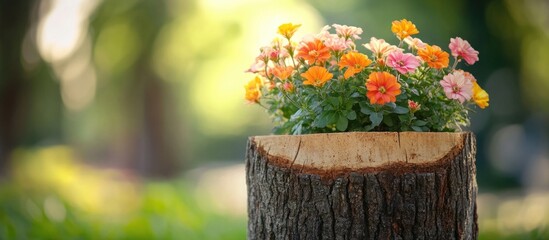 Colorful flowers in a wooden stump planter surrounded by soft greenery with blurred background and Copy Space