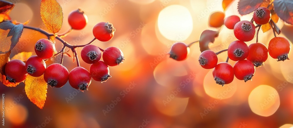 Poster bright red berries on branches with orange and yellow autumn leaves against a soft bokeh background 