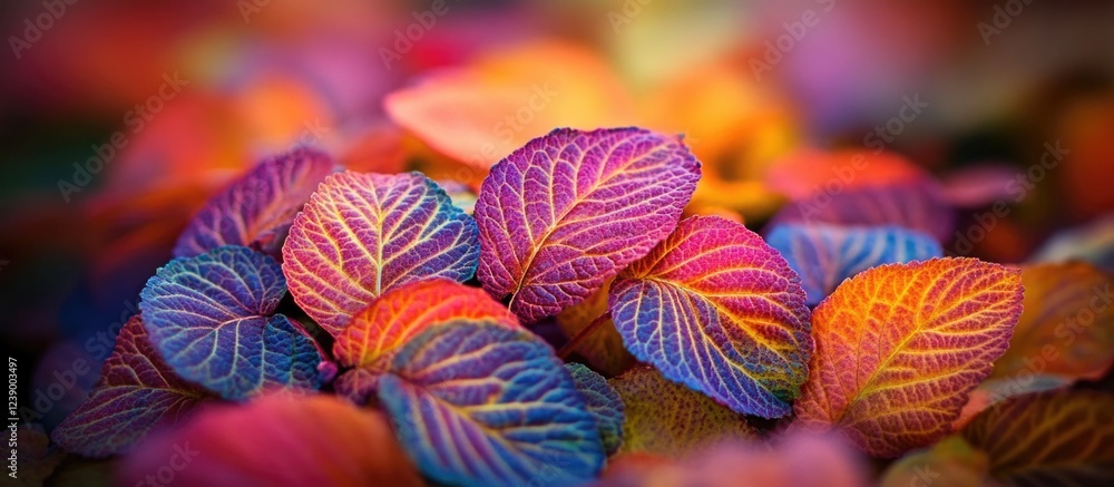 Poster colorful close-up of vibrant leaves with intricate textures and patterns, nature background with cop