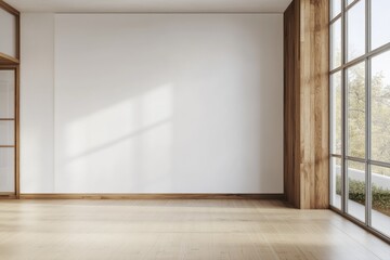 Fototapeta premium Sunlit empty room with large window, wooden floors, and white wall.