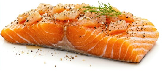 Fresh salmon fillet with herbs and spices on white background Copy Space