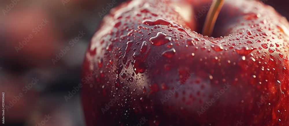 Poster close-up view of a fresh red apple with water droplets on a textured background copy space