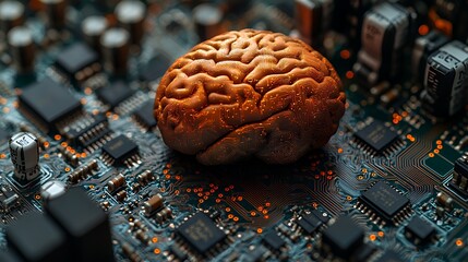 Circuit Brain: A Detailed, Glowing Bronze Brain Resting on a Complex Circuit Board