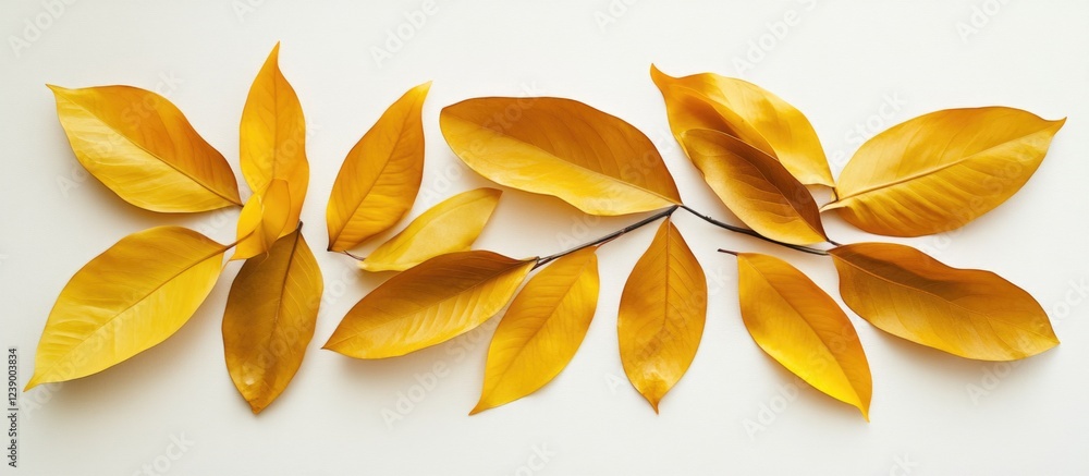 Aufkleber yellow autumn leaves arranged on a light background with copy space for text placement.