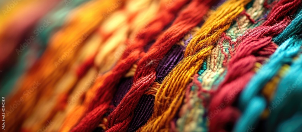 Poster colorful woven textile close-up with intricate patterns and textures copy space