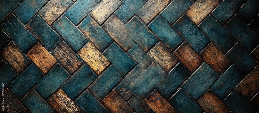 Poster textured woven background with dark teal and brown tiles arranged in a herringbone pattern. copy spa