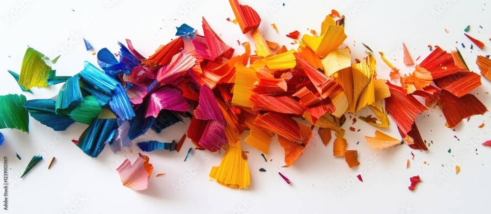 Poster colorful shavings of crayons arranged in a vibrant rainbow pattern on a white background with copy s
