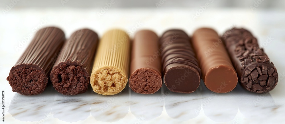 Poster assorted chocolate and nougat candy bars displayed on a marble surface with copy space for text plac