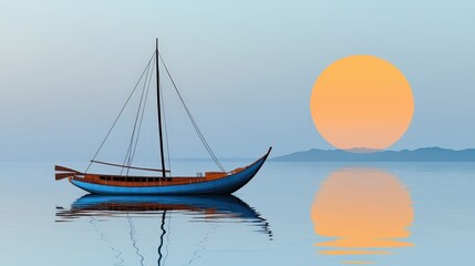 Fototapeta premium Tranquil Sunset Scene with a Blue Boat on Calm Waters Reflecting a Large Orange Sun