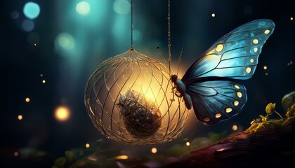 Fototapeta premium glowing butterfly emerging from cocoon in darkness symbolizing new beginnings