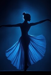 Fototapeta premium Dancer in White Bodysuit Surrounded by Transparent Fabric in Blue Light
