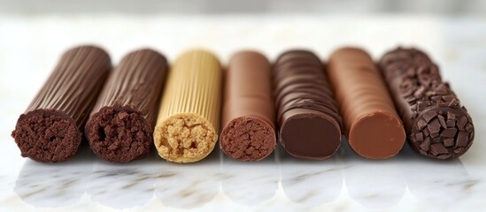 Fototapeta premium Assorted chocolate and nougat candy bars displayed on a marble surface with Copy Space for text placement