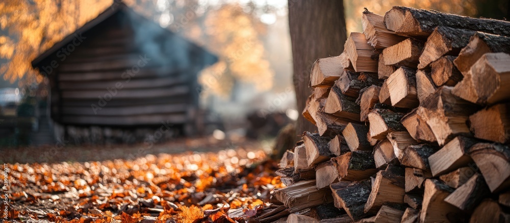 Poster autumn scene with firewood stacked in foreground and rustic cabin in blurred background surrounded b