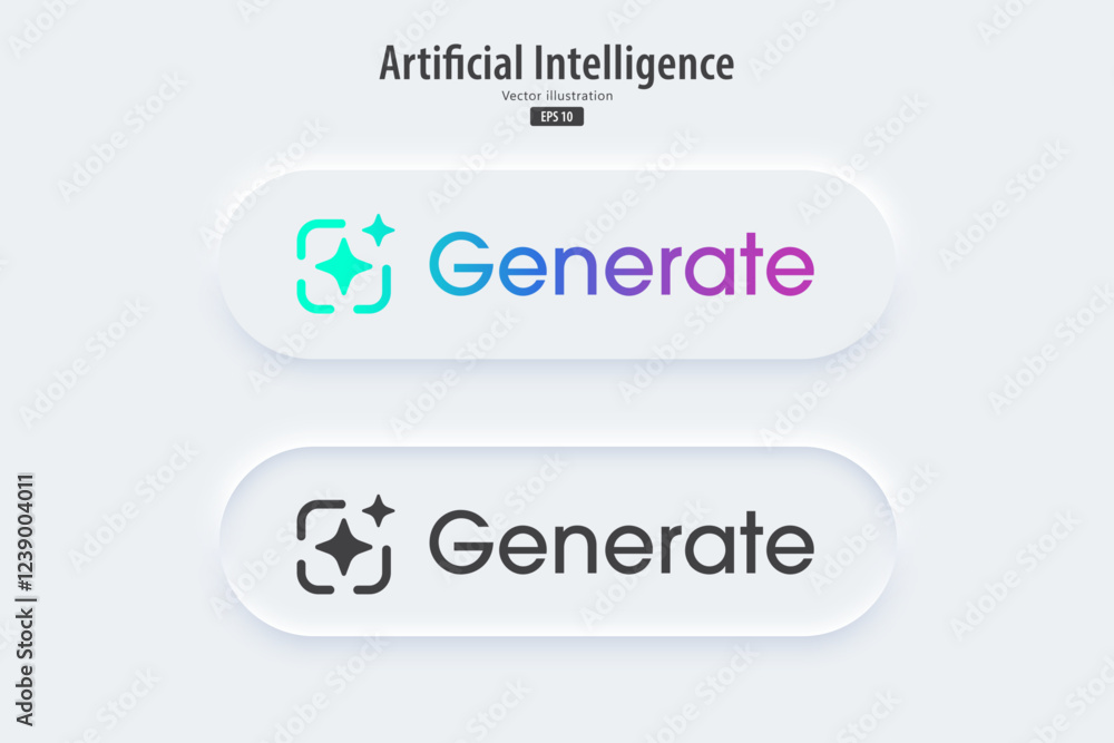 Poster Modern AI Generate button. Generate ideas from machine learning. Generative button in trendy neuromorphic style for Apps, websites, and interfaces. UI UX elements. Vector illustration.