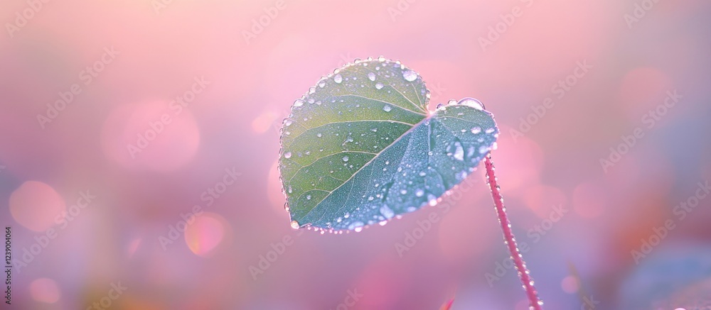 Poster close-up of dew-covered green leaf against a soft pink bokeh background with copy space for text pla