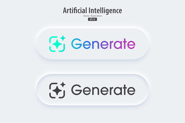Modern AI Generate button. Generate ideas from machine learning. Generative button in trendy neuromorphic style for Apps, websites, and interfaces. UI UX elements. Vector illustration.