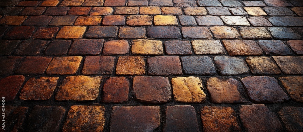 Poster cobblestone pavement texture with various shades of brown and orange providing a rustic appearance a