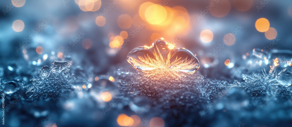 Poster macro shot of droplets on a surface with blurred bokeh background and warm light reflections copy sp