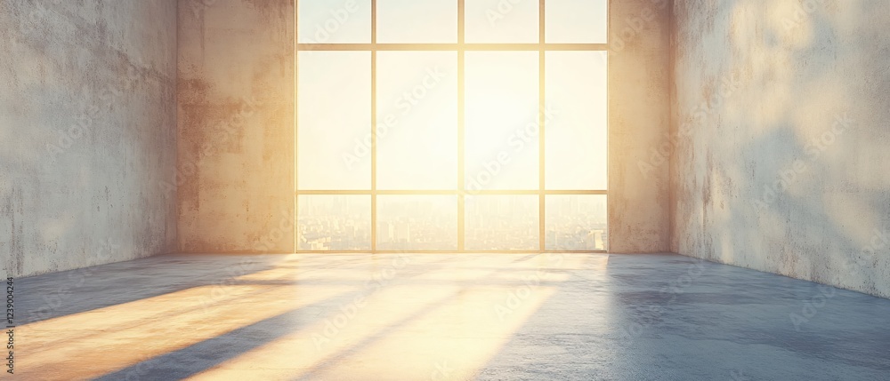 Aufkleber sunlight streaming through large window in empty room with concrete walls and floor
