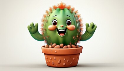 3d cartoon cactus cheerfully waving wearing friendly smile in terracotta planter against white backdrop