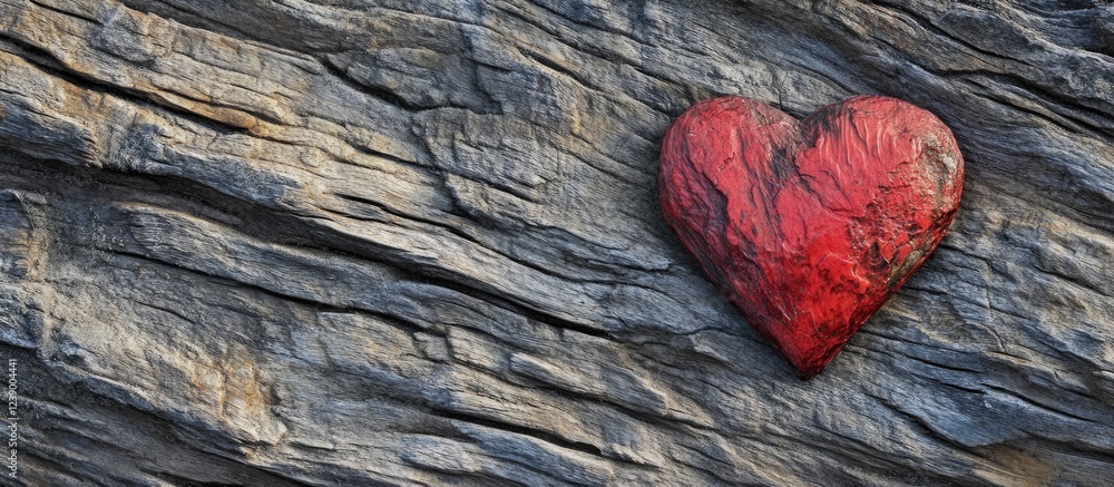 Poster red heart on textured wooden background with natural patterns and copy space for text placement.