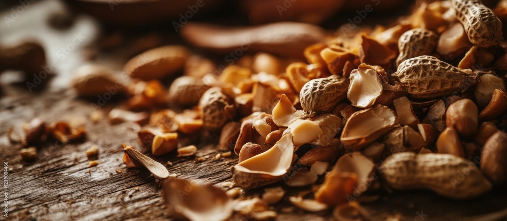 Poster scattered peanut shells and crushed nuts on rustic wooden surface with natural lighting copy space
