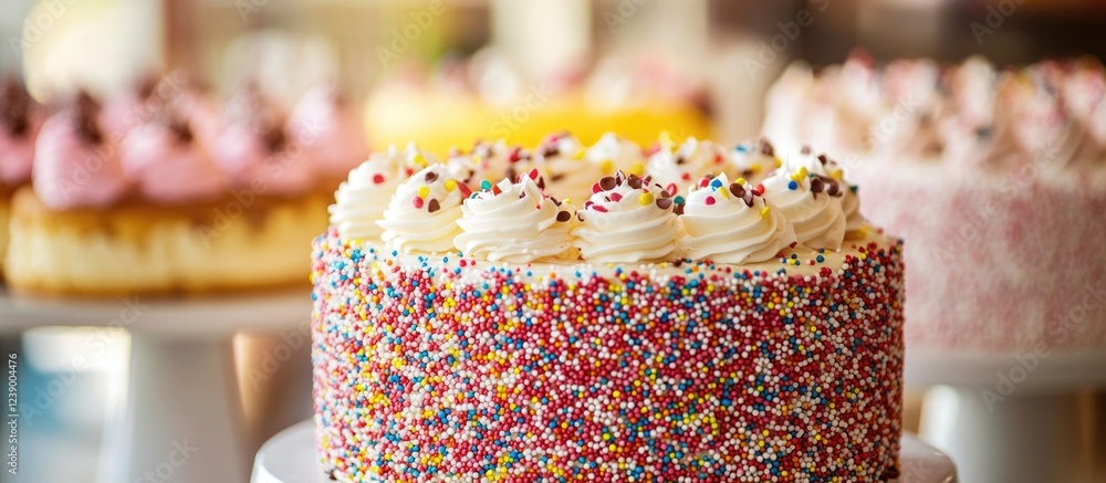 Poster colorful layered cake decorated with whipped cream and sprinkles on display in a bakery with blurred