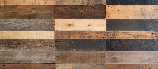 Naklejka premium Textured wooden wall panels in various shades of brown and gray with Copy Space for text placement