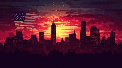 Fototapeta premium American Flag Waves Over City Skyline at Sunset