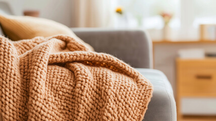 Fototapeta premium Cozy knitted blanket draped over modern sofa in bright living room. warm tones create welcoming atmosphere, perfect for relaxation