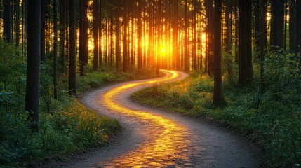 Obraz premium Sunset Golden Path Winding Through Forest Trees