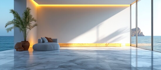 Fototapeta premium Minimalist Futuristic Room with Geometric White Walls and Marble Floor