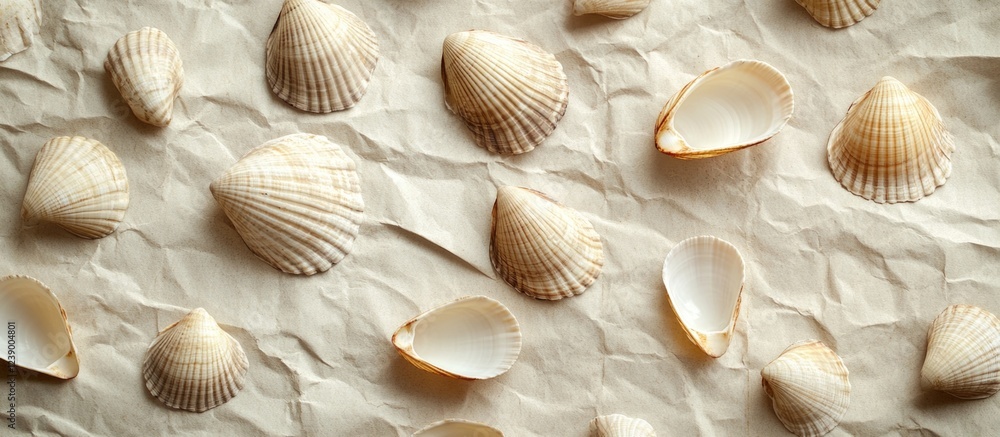 Aufkleber sea shells arrangement on wrinkled beige paper background with copy space for text. natural coastal 