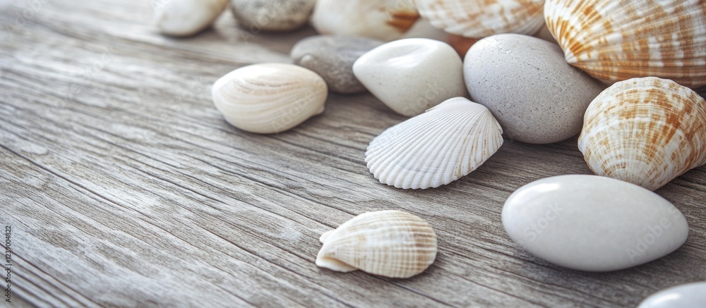 Poster background of smooth stones and seashells on weathered wooden surface with copy space for text.