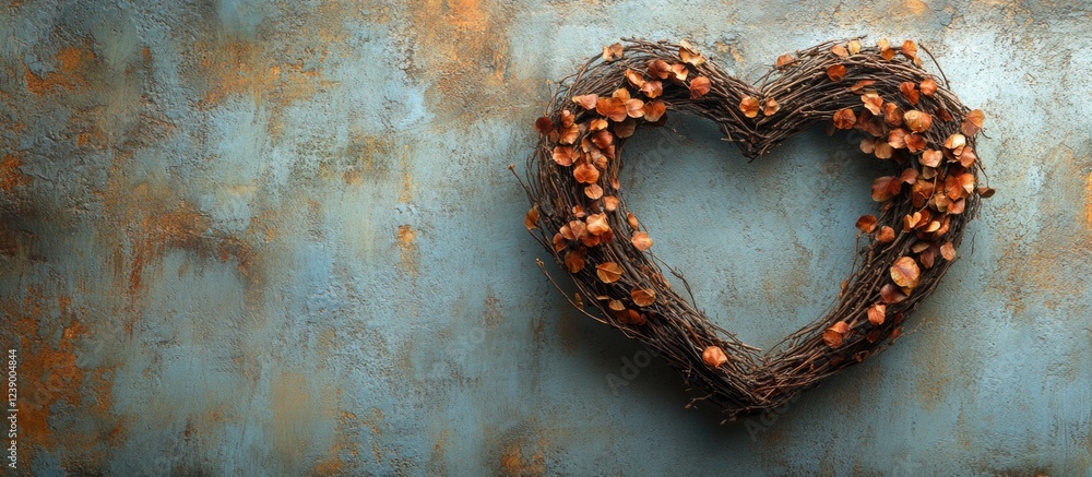 Poster rustic heart-shaped wreath made of twigs and dried flowers on textured blue and rust background with