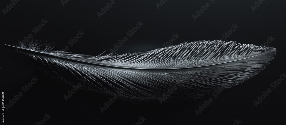 Poster delicate white feather isolated on dark background with soft lighting and copy space for text placem