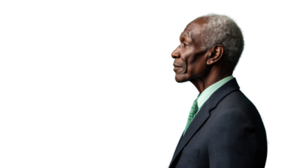 Senior black businessman looking forward on transparent background