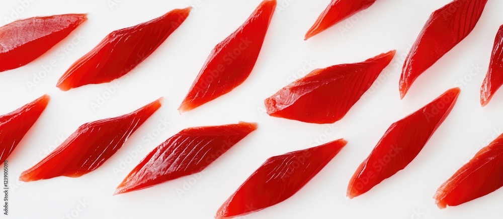 Poster red fish fillets arranged in a geometric pattern on a white background with copy space for text plac