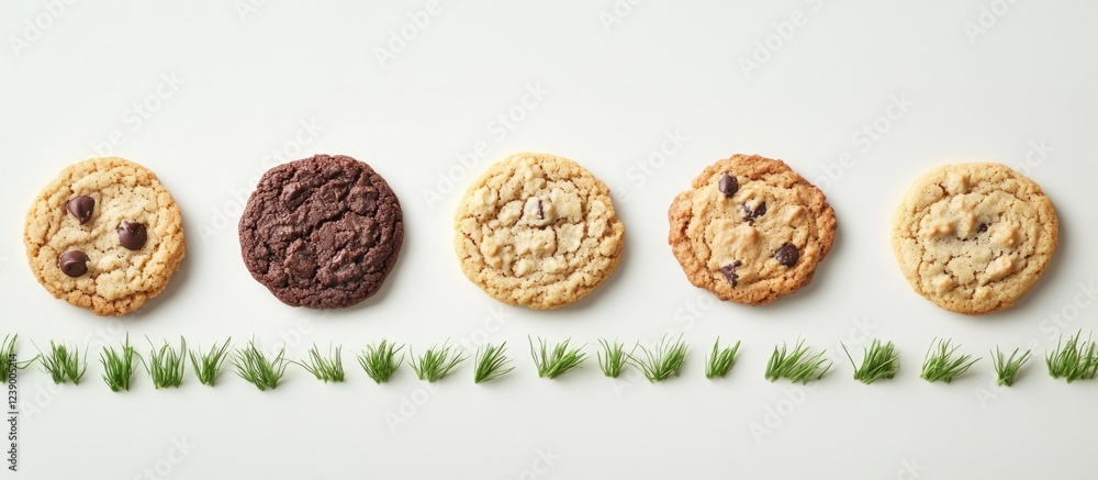 Poster assorted cookies arranged in a line with green grass elements copy space for text placement