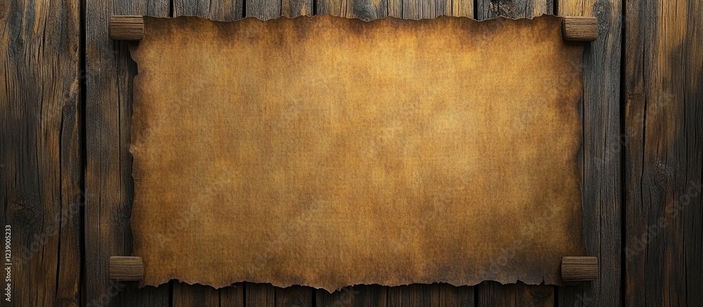 Poster old parchment paper frame on wooden background with copy space for text or design elements