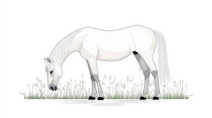 Elegant White Horse Grazing in Lush Green Grass with Artistic Digital Illustration Style
