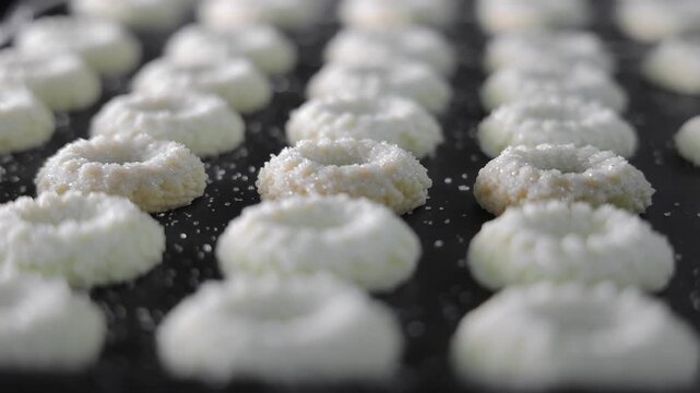 Raw sugar-coated cookies on a baking tray, Close-up of rows of uncooked cookies topped with sugar crystals.